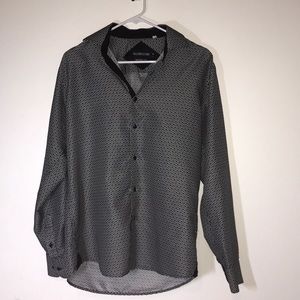 Black and white, long sleeve, dress shirt.